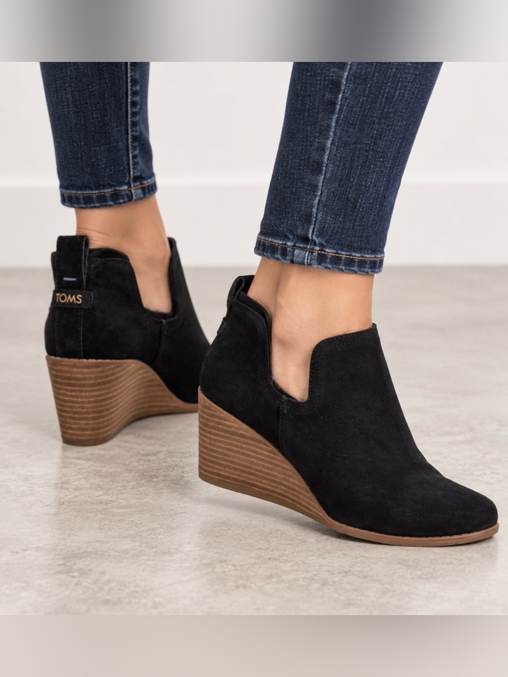 TOMS Black Suede Wedge Booties with Wood-Look Heel